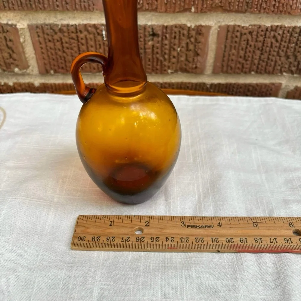 Amber Glass Mid Century Modern w/handle narrow neck scalloped rim Vase pitcher
